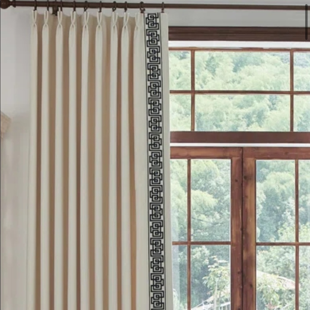50” W x 96” L curtains, beige and navy